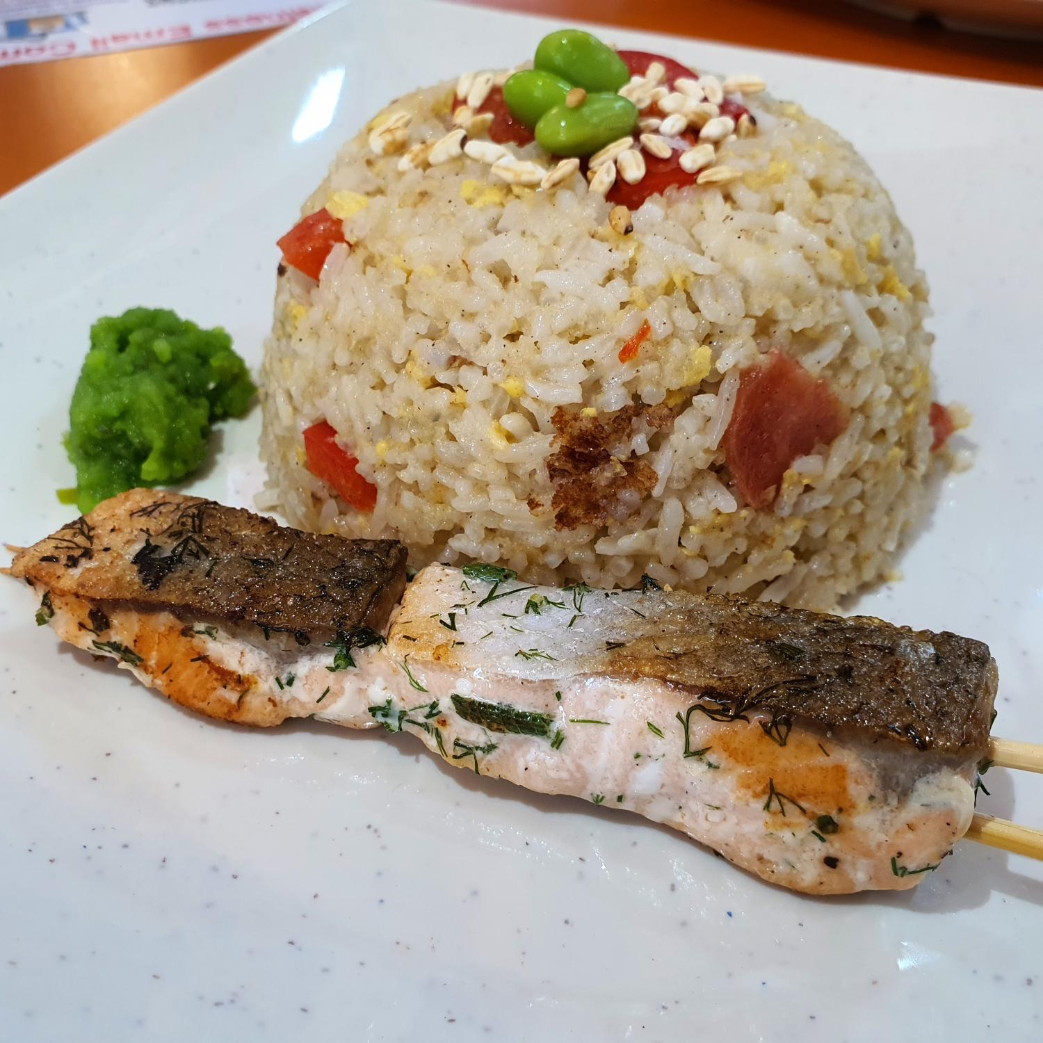 Oriental Fried Rice with Rainbow Salmon Skewer