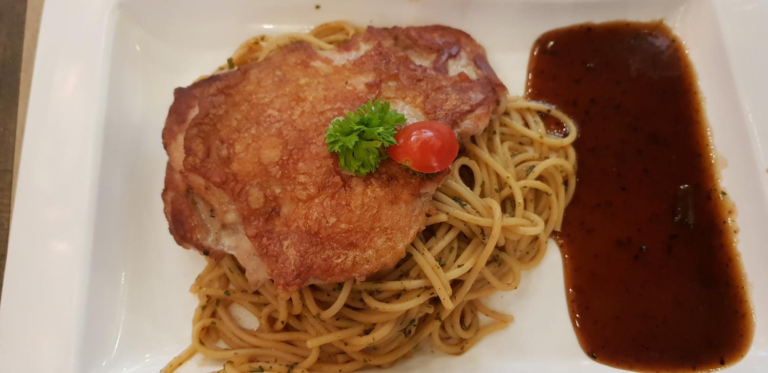 Crispy Skin Chicken Chop Aglio Olio