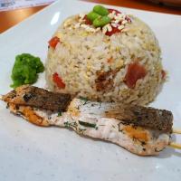 Oriental Fried Rice with Rainbow Salmon Skewer